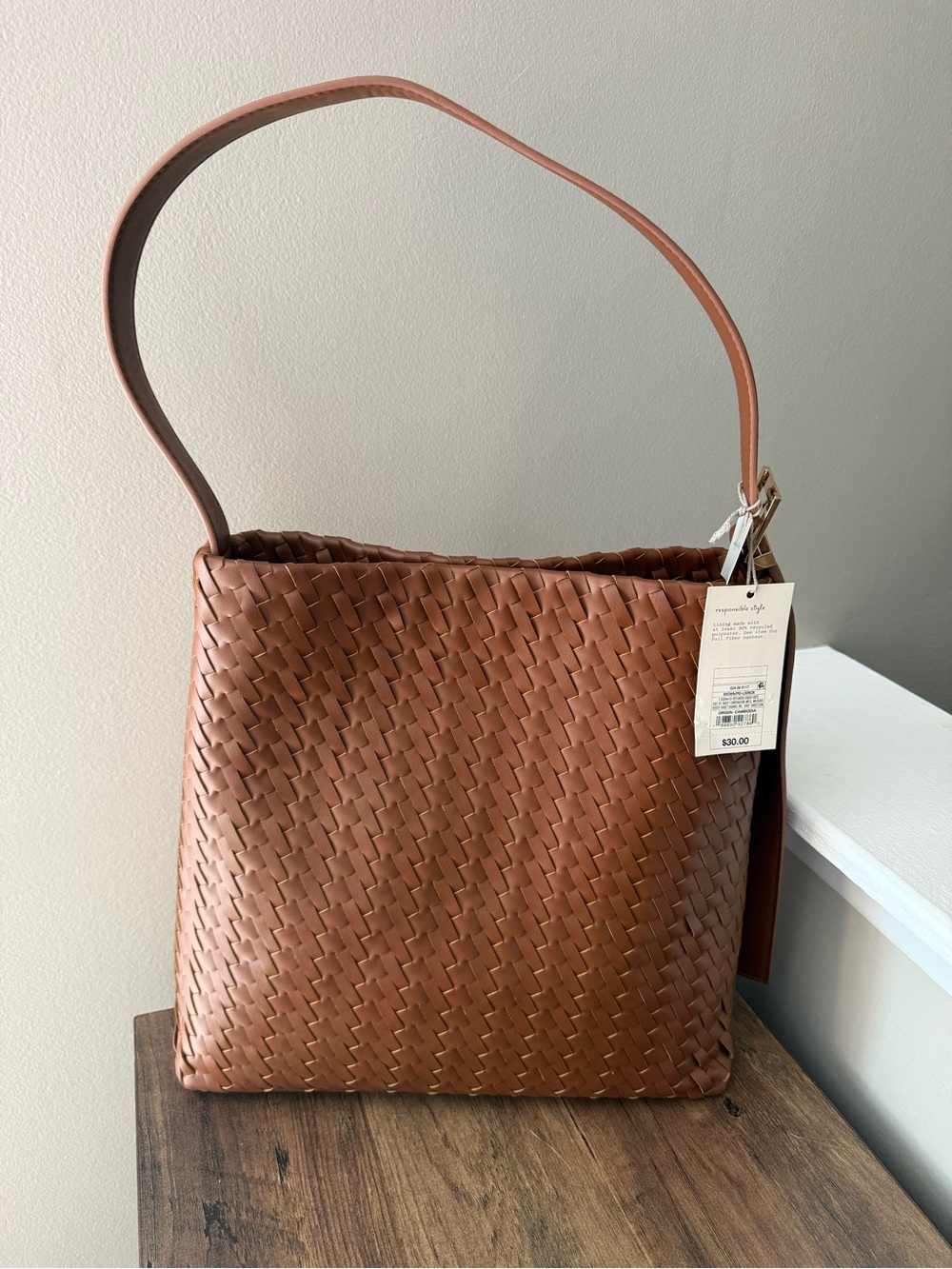 a new day Woven Shoulder Bucket Bag in Brown with Gold Buckle NWT